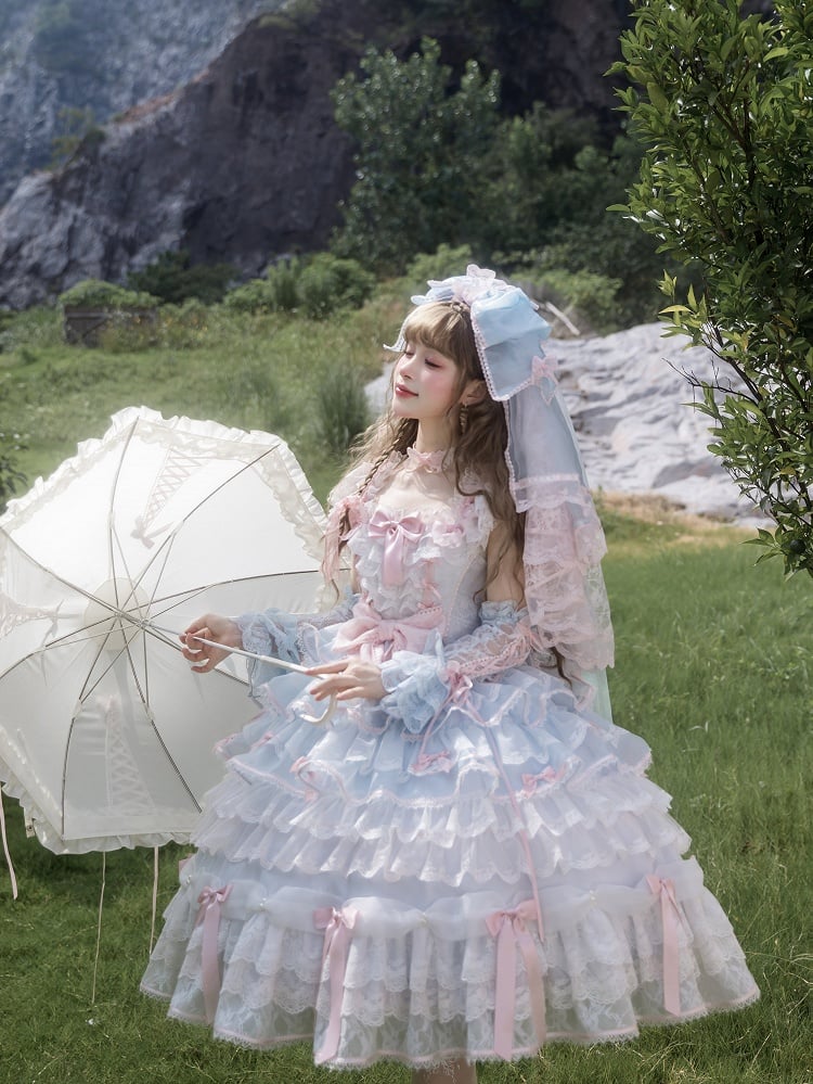 Blue and Pink Hime Lolita Bow Accents Tiered Skirt Princess Dress