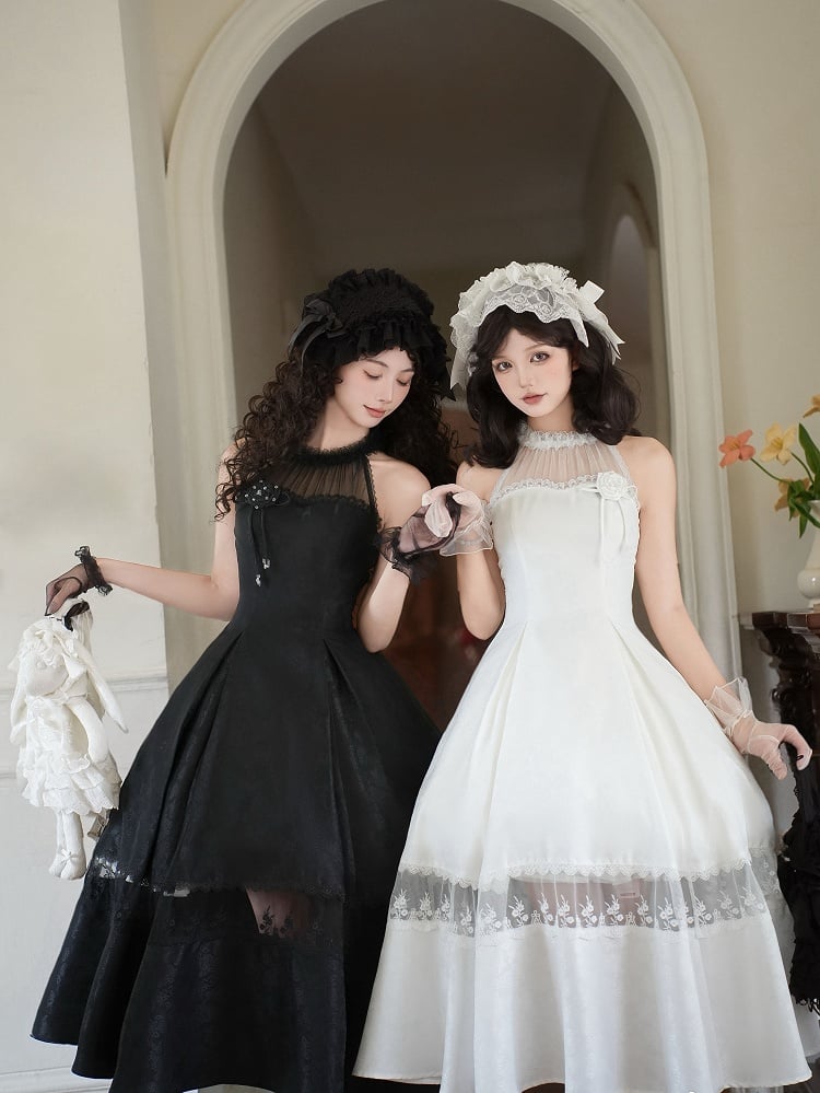 Rosette Jacquard Fabric All Black Illusion Halter Neck Lace Panels Prom Dress