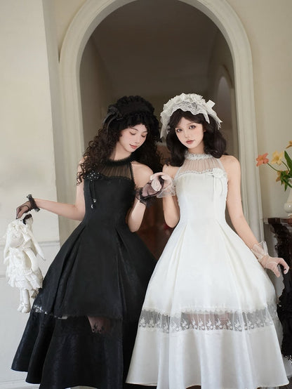 Rosette Jacquard Fabric All Black Illusion Halter Neck Lace Panels Prom Dress