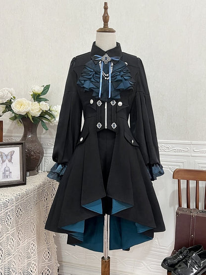 Clearance-Size L for Waist 84CM Black Bat Wings Shape Collar Ouji Lolita Blue Lining Long Waistcoat