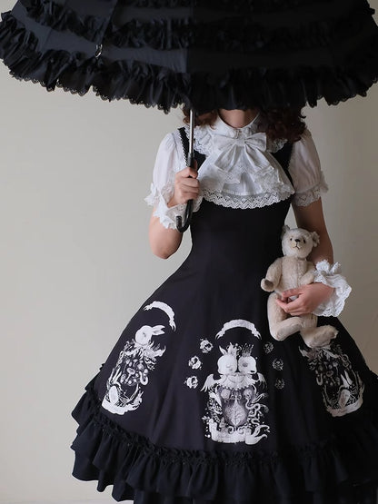 Bunny Print Black Dark Gothic Lolita Slim Fit Waist Dress