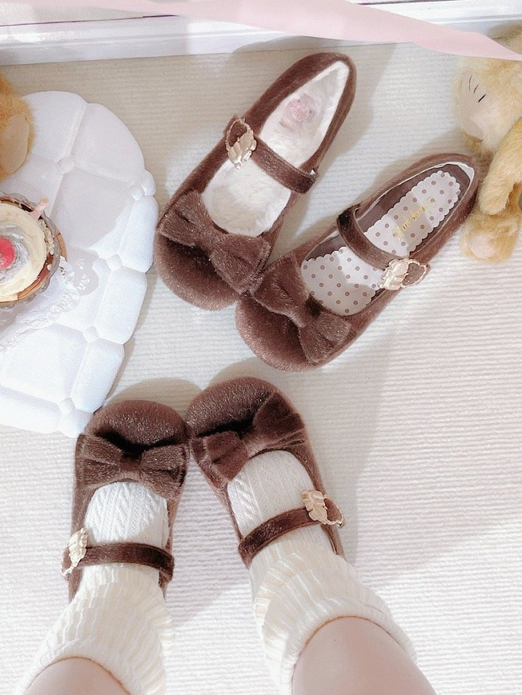 Brown Sweet Lolita Plush Shoes in Regular/Thicken Version - Delicate Bow Accents with Hugging Bear Heart Fasteners