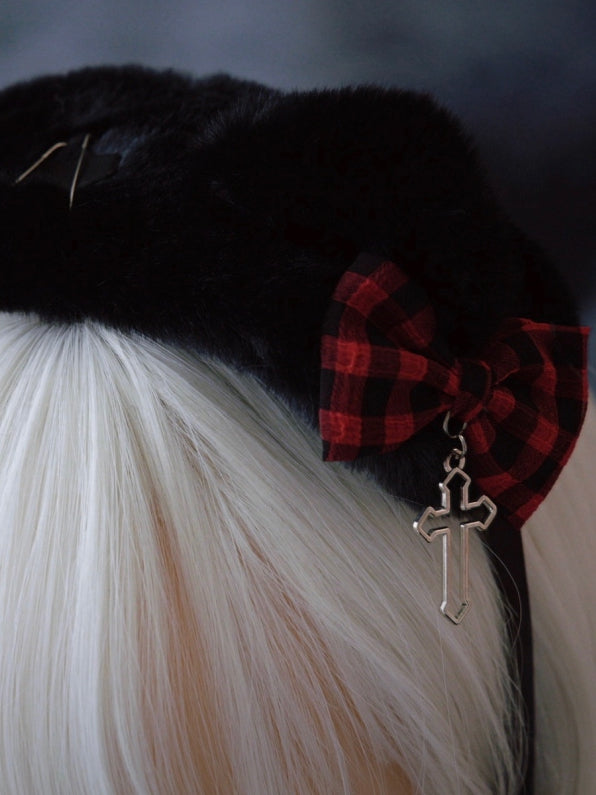 Black Cat Ear With Red Plaid Pattern Bowknot And Heart Buckle Details Hairband