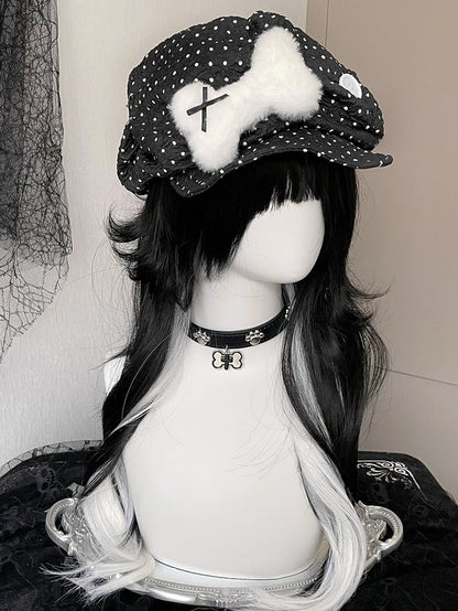 Black/White Polka-dot Pattern Button Decorated Beret Hat With Plush Bone