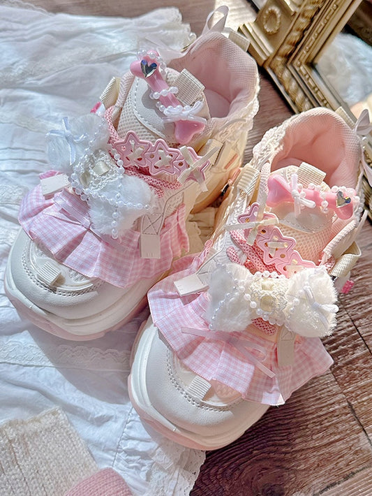 Beige & Pink Plaid Ruffle Trim Plush Bowknot Platform Sneakers