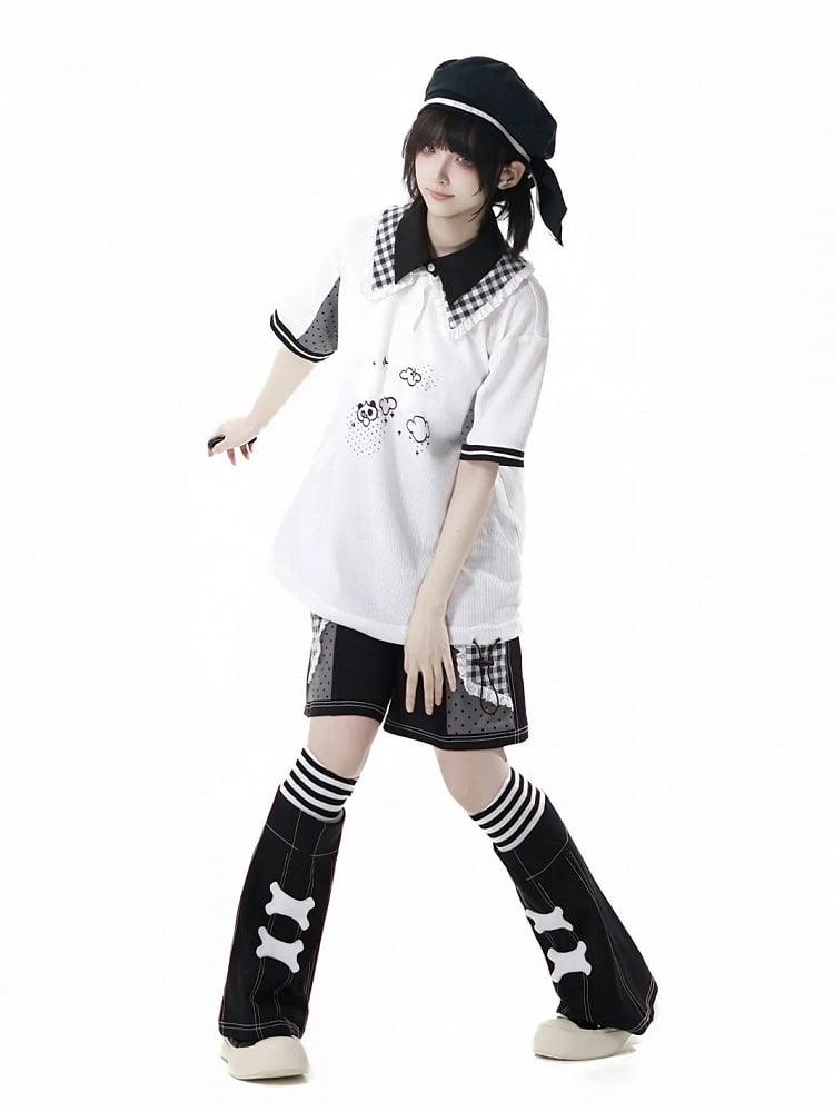Double Layered Polo Collar Graffiti Panda Print White Waffle T-shirt