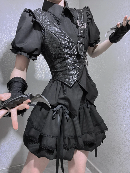 Black Asymmetrical Design Ouji Fashion Snakeskin-grain Leather Waistcoat