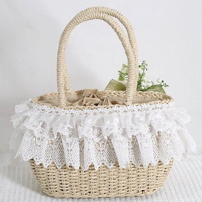 Fresh Lolita Floral Bowknot Lace Trimmed Straw Handbag