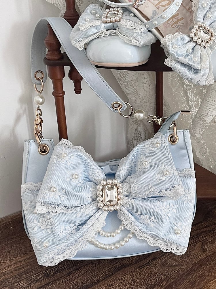 Blue Sweet Lolita Underarm Bag in Satin with Dazzling Bead and Crystal Bow