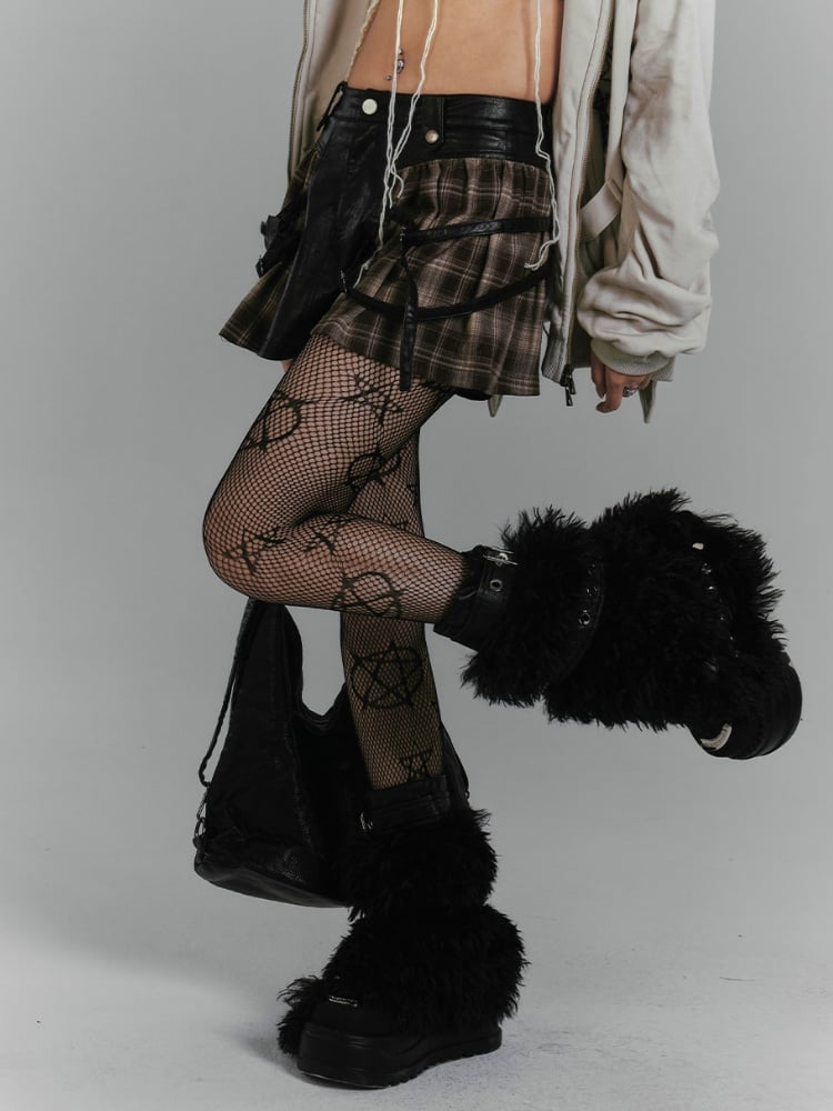 Millard Fashion Brown Plaid Patchwork Design Buckle Straps Vintage Punk PU Skirt