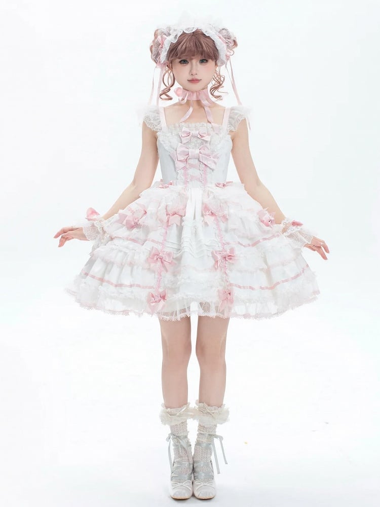 White and Pink Sweet Bow Accents Princess Lolita Jumper Skirt