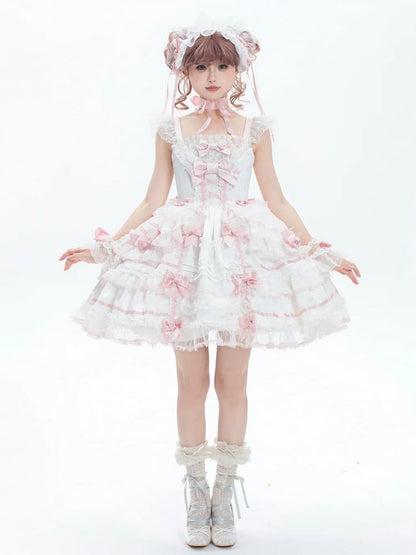 White and Pink Sweet Bow Accents Princess Lolita Jumper Skirt