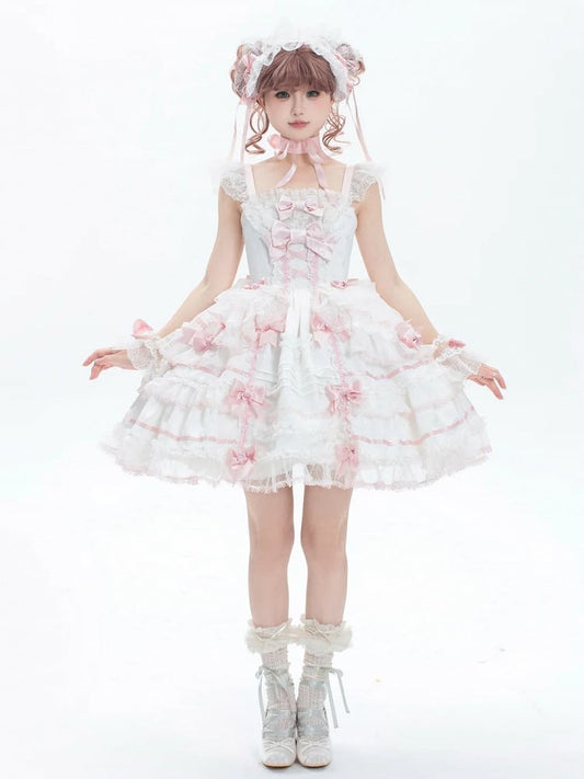 White and Pink Sweet Bow Accents Princess Lolita Jumper Skirt