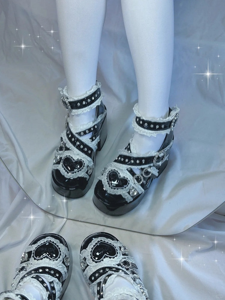 Jirai Kei Black Platform Shoes: Round Toe with High Block Heel & Lace and Rhinestone Embellished Cross Buckle Straps
