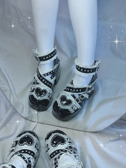 Jirai Kei Black Platform Shoes: Round Toe with High Block Heel & Lace and Rhinestone Embellished Cross Buckle Straps