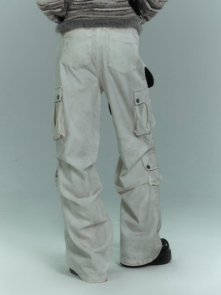 Punk White Distressed Streetwear Wide Leg Cargo Jeans