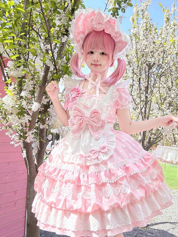 White Polka Dots Pink Square Neckline Lolita Short Sleeves Dress with Apron