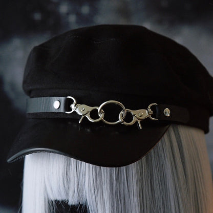 Black Gothic Buckles Design Beret Hat