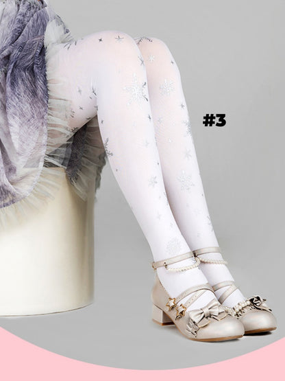 4 Options White/Black Snowflake Print Lolita Tights