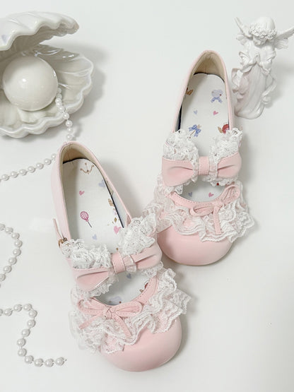 Pink Bowknot Details Lace Trim Round Toe Lolita Shoes