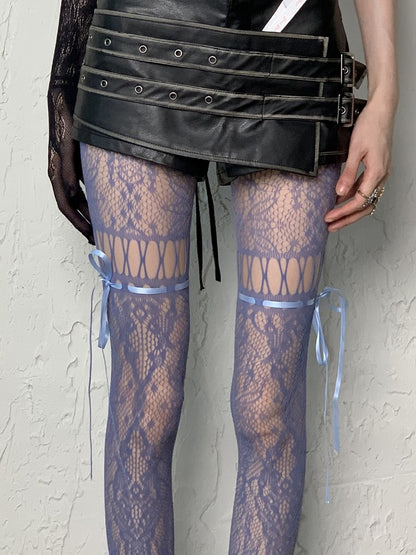 Coffee/Gray/Black/White/Purple/Blue Y2K Floral Pattern Self-tie Straps Cut-out Design Tights