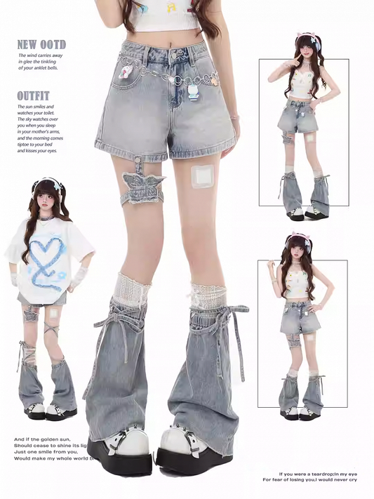Y2K Light Blue Denim Shorts with Detachable Butterfly Garter and Flared Leg Warmers