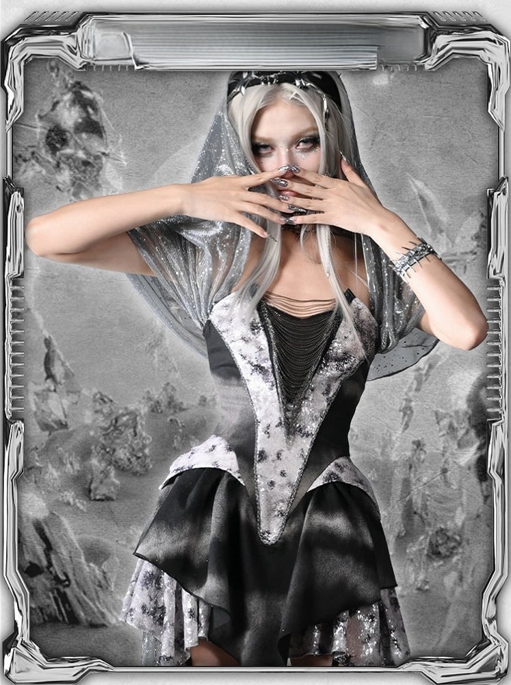 Y3K Fashion Futuristic Black Basque Waist Metal Chains Front Handkerchief Hem Cyberpunk Hooded Dress