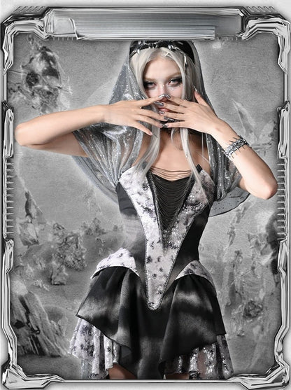 Y3K Fashion Futuristic Black Basque Waist Metal Chains Front Handkerchief Hem Cyberpunk Hooded Dress