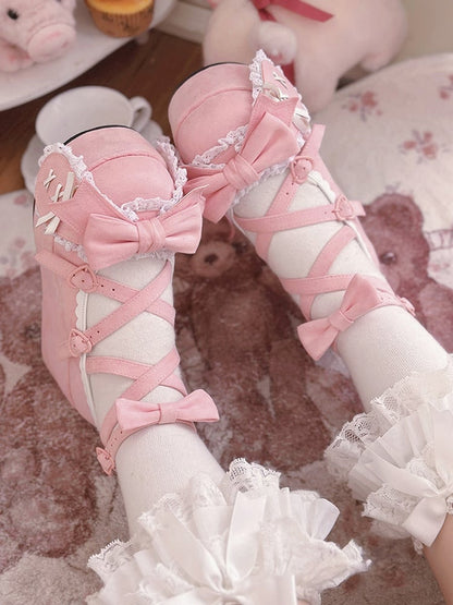 Pink Crisscross Design Bunny Ear Bowknot Sweet Lolita 6.5CM Platforms