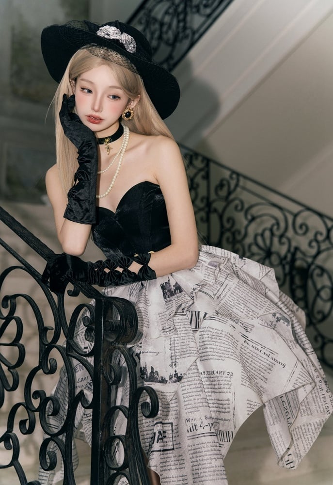 Newspaper Print Layered Handkerchief Skirt Elegant Dress Lolita Jumper Skirt