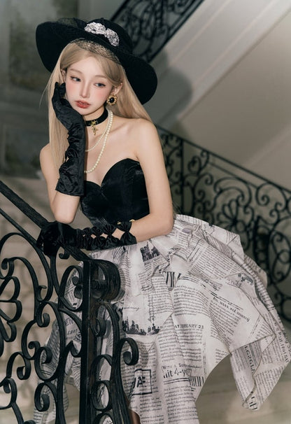 Newspaper Print Layered Handkerchief Skirt Elegant Dress Lolita Jumper Skirt