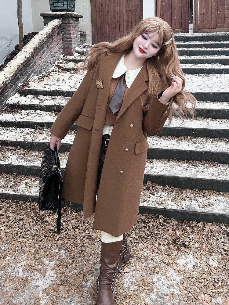 Plus Size Coffee Preppy Coat with Free Badge