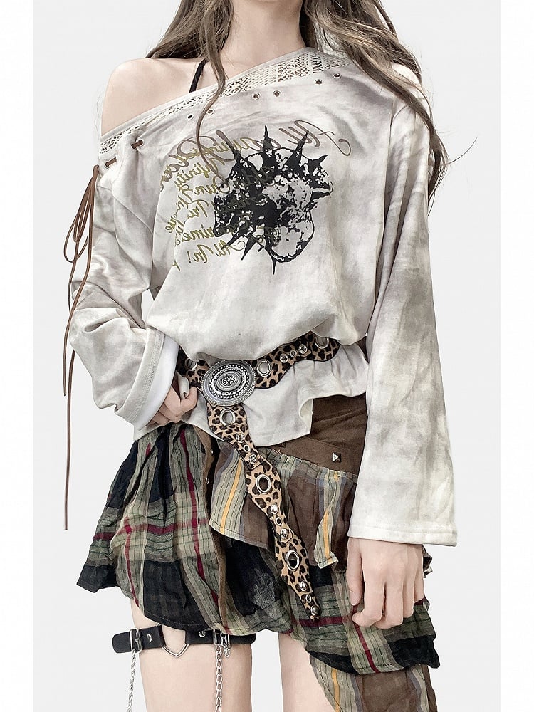 White Wasteland Punk Letter Print Self-tie Strap Tie Dye Design Sweatshirt