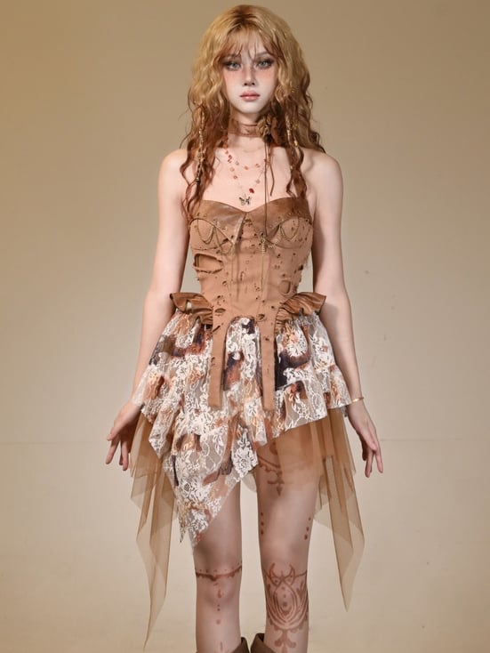 Brown Wasteland Punk Studs Chain Decorated Distressed Holes Design Halter Dress