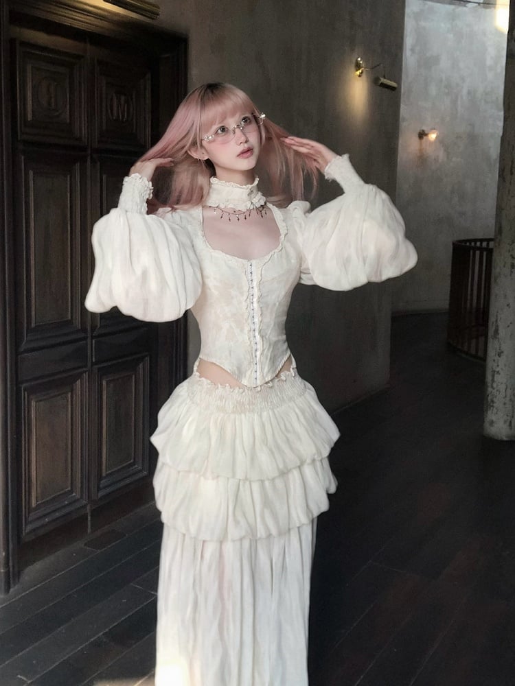 Apricot Ankle-Length Tiered Bubble Skirt with Ruffled Hem