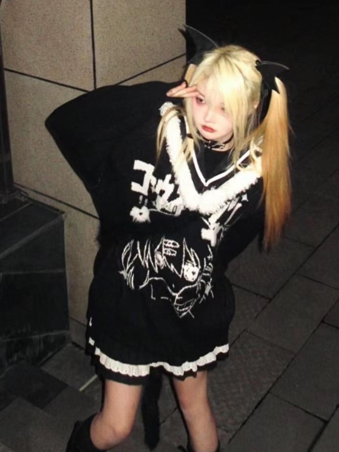 Black Jira Kei Sweater with Detachable Sailor Collar and Cartoon Girl Design