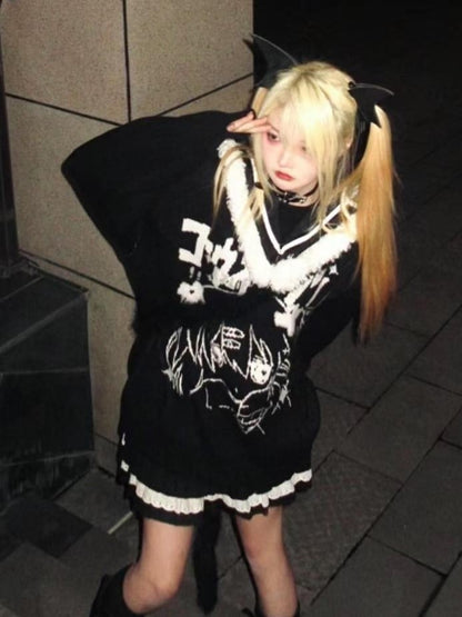 Black Jira Kei Sweater with Detachable Sailor Collar and Cartoon Girl Design