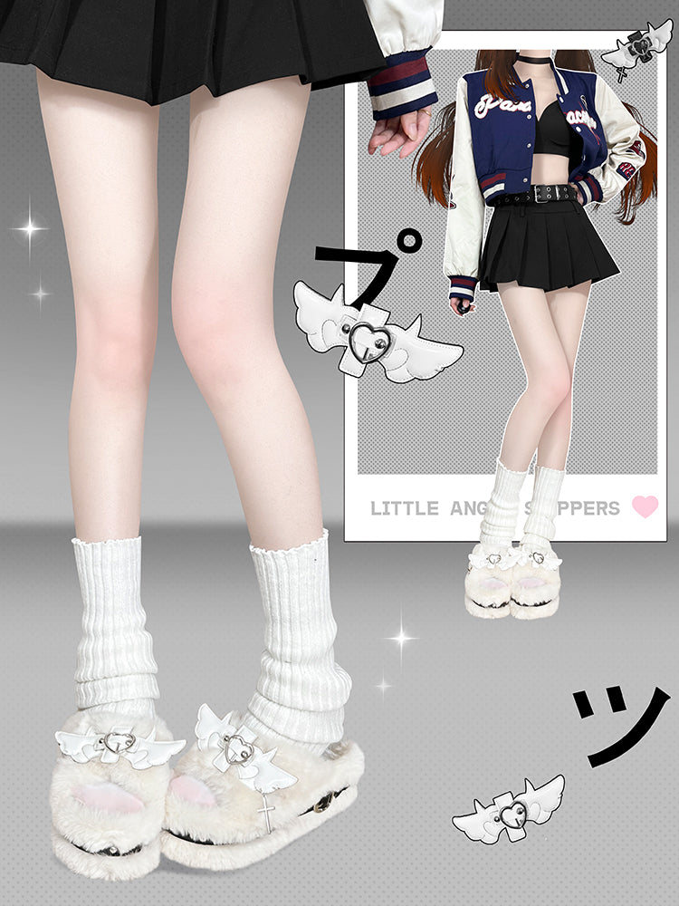 Cross Wings Decorated White Plush Platform Slippers Punk Winter Shoes