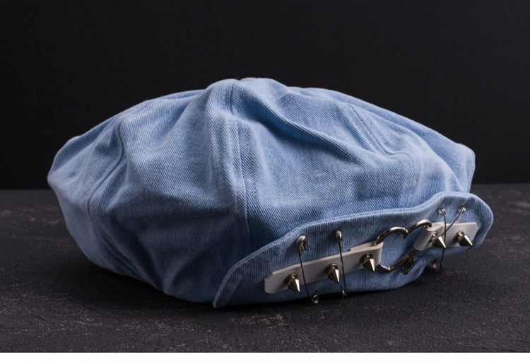 Handmade Light Blue Studs and Pins Denim Beret