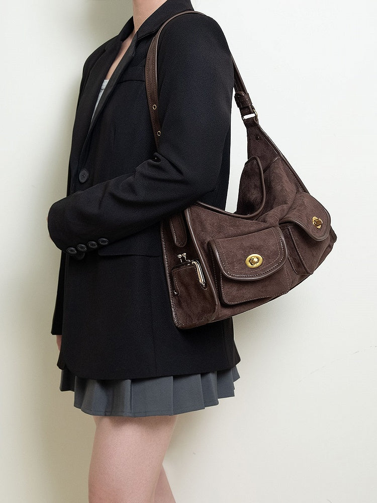 Vintage Brown Single-Shoulder Tote Bag With Gold-tone Hardware - Spacious And Elegant