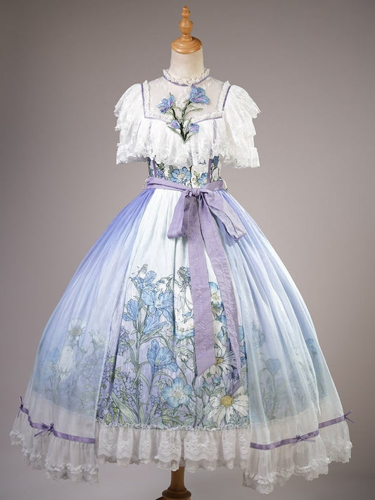 Plus Sizes Available Floral Applique Illusion Neckline Elegant Classic Lolita Floral Print Dress