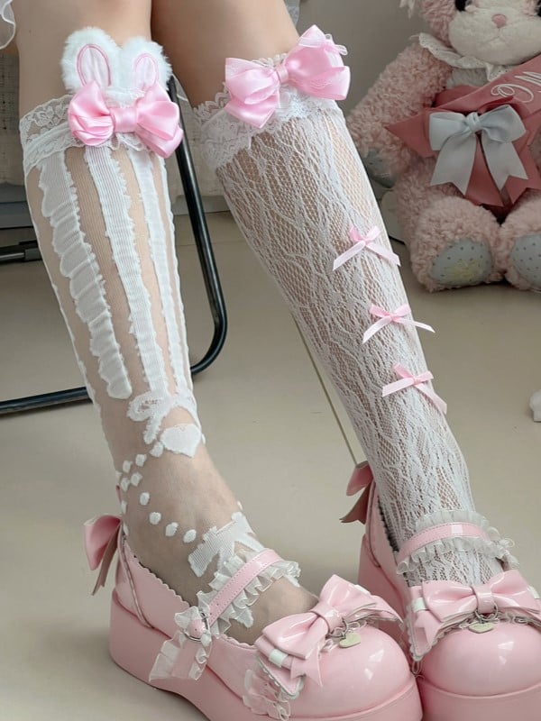 White/Black Lolita Y2K Under-knee Stockings With Pink Rabbit Ears And Bowknot Details