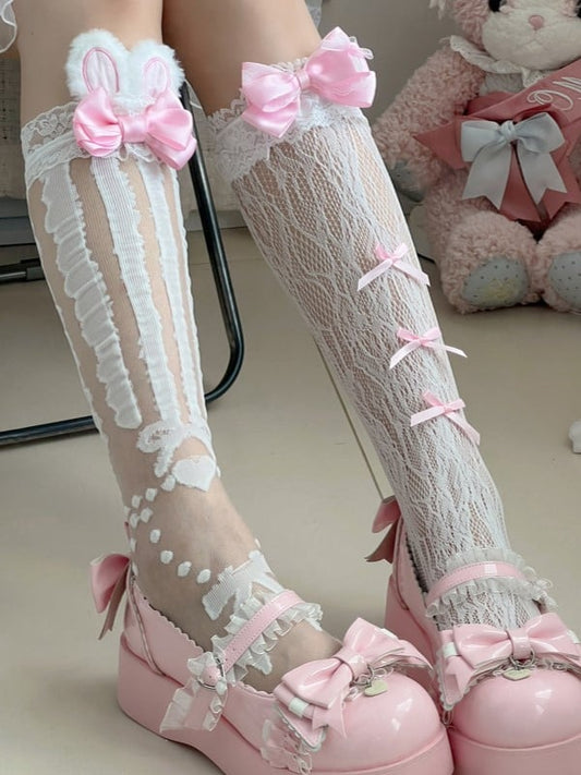 White/Black Lolita Y2K Under-knee Stockings With Pink Rabbit Ears And Bowknot Details