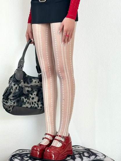 Black/White Y2K Floral Striped Tights