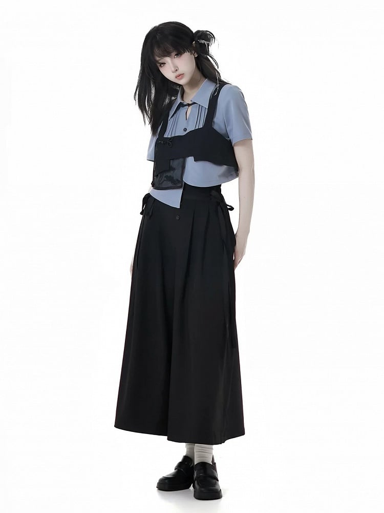 Black Pine Tree Embroidery Knot Button Cheongsam Style Top