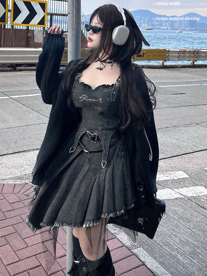 Plus Size Y2K Dark Grey Asymmetrical Hem High Waist Denim Skirt with Free Belts