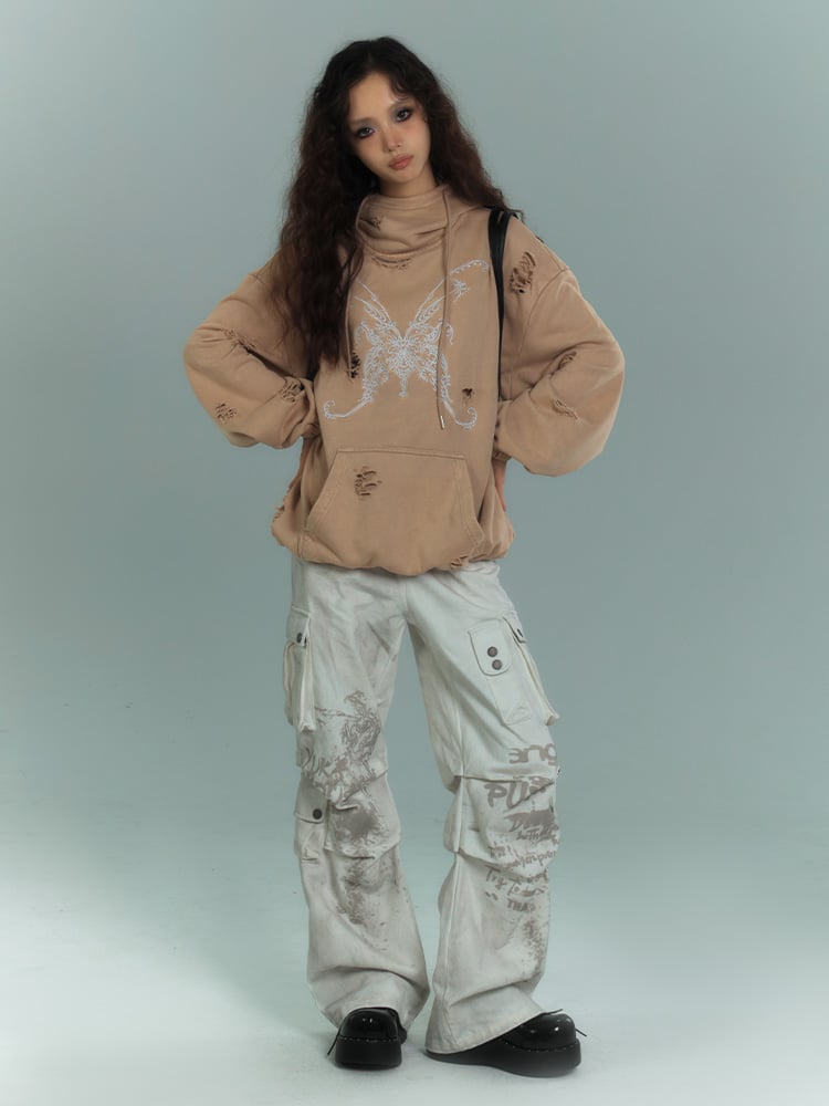 Butterfly Embroidery Camel Distressed Holes Punk Hoodie
