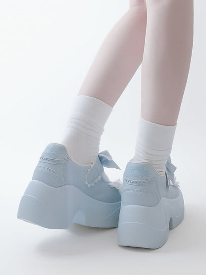 Light Blue Lace Trim Bowknot Velcro Strap Closures Jirai Kei Platforms