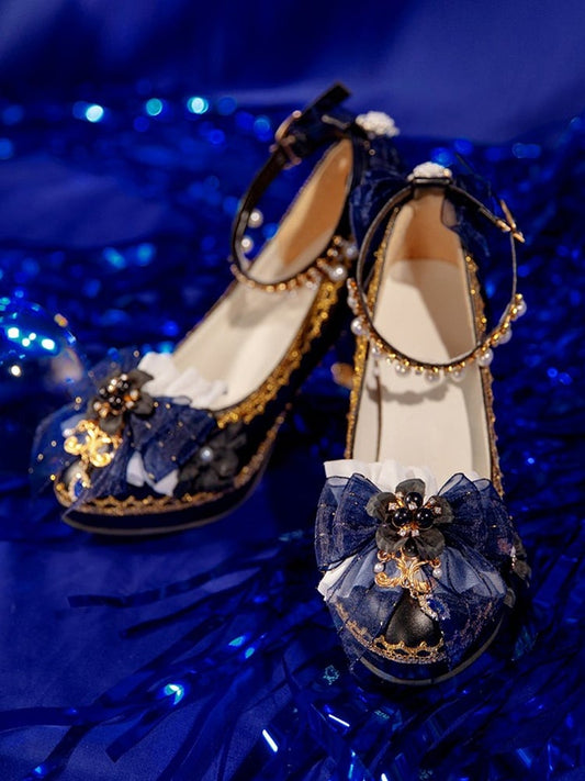 Black & Dark Blue Bowknot and Floral 5.5CM/8CM Lolita Block Heels