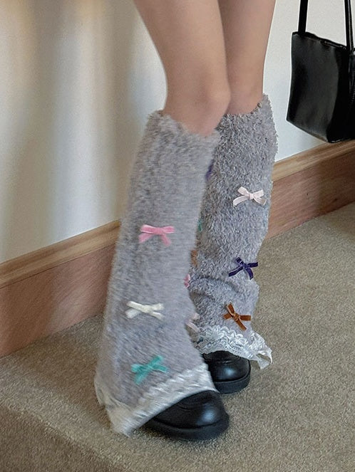 White/Purple/Camel/Light Grey Sweet Bowknot Lace Trim Leg Warmers